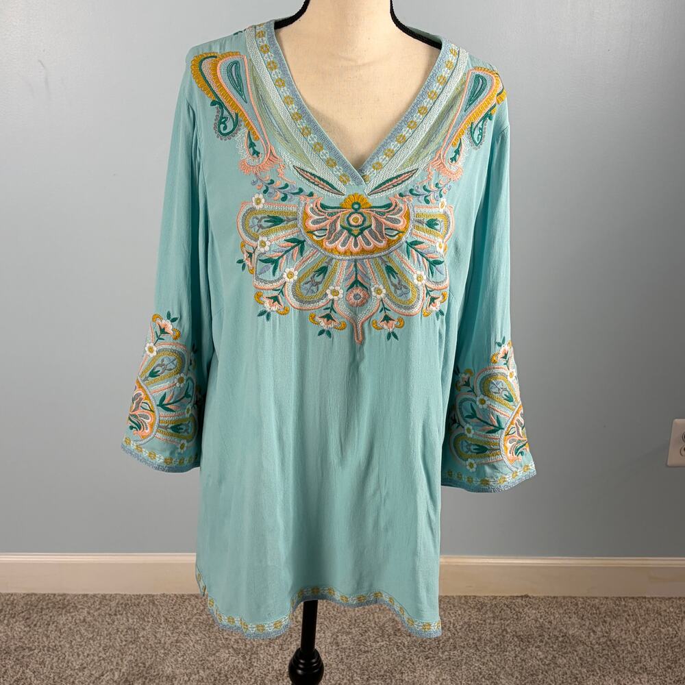Soft Surroundings Embroidered Viscose Tunic New with tag Aquamarine Boho 1X Plus